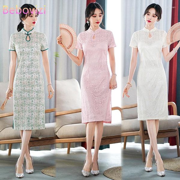 Abbigliamento etnico Estate Elegante Retro Cinese Tradizionale Migliorato Pizzo Cheongsam Abito Manica Corta Per Le Donne Qipao Plus Size M-4XL