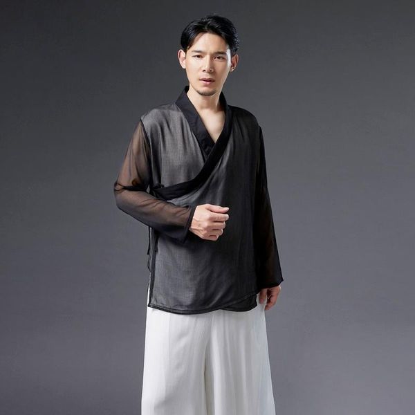 Herren lässige Hemds Herren Kleidung 2023 Schwarzer chinesischer Stil Chiffon Hanfu Jacke Stand-up-Halsband Jugendte Baumwolle Leinen Camisas Para Hombre