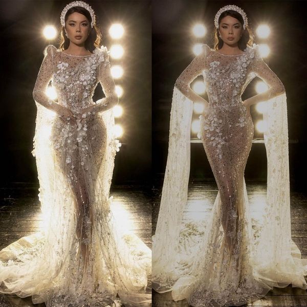 Abiti da sposa a sirena sexy Lllusion con scialle con applicazioni 3D Nuove perle squisite Abito da ballo con paillettes Sweep Train Robe De Vestido