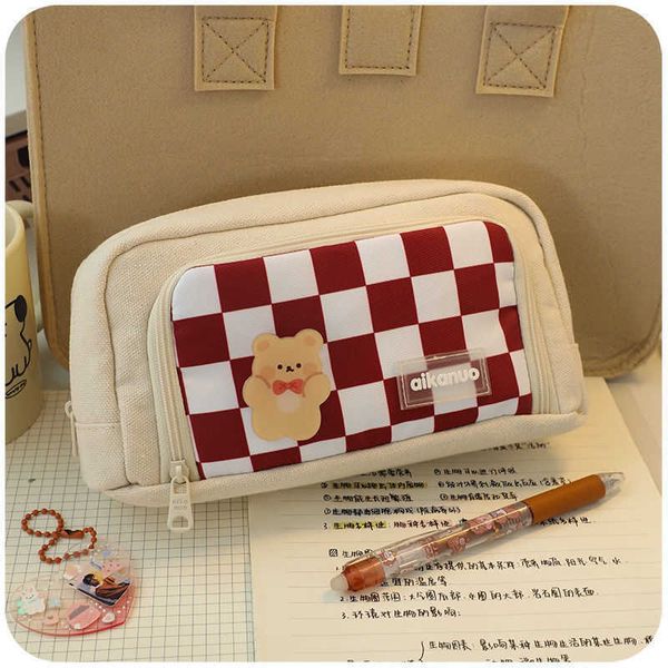 Bleistifttaschen Kawai Canvas Niedliches japanisches Schachbrett Student Briefpapier Schulbedarf Große Kapazität Federmäppchen Zurück zur Schule Niedliche Tasche J230306