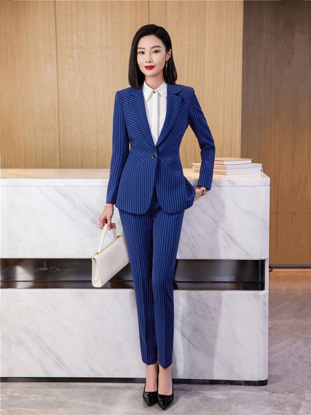 Ternos femininos Blazers Moda Ladies Pant Suit Formal Women Office Business Work Use Blazer e Troushers Slave Longa Listrada Blue Set 2 Peças Conjunto 230306