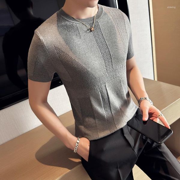 T-shirt da uomo 2023 Summer Jacquard T-shirt da uomo a maniche corte Maglione a maniche corte Casual Slim Girocollo Pullover Business Social Tee Men