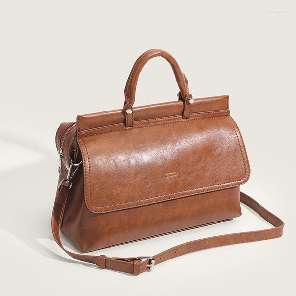 Borse da sera Borsa da postino in pelle cerata vintage alla moda Borsa da postino a scomparti multipli di grande capacità Cartella da lavoro marrone da donna