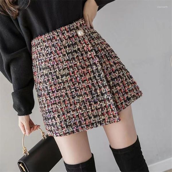 Röcke Perlen Plaid Tweed Frauen Schlank Vintage Mini A-line Wrap Rock Hohe Taille Elegante Koreanische Booty Streetwear O288