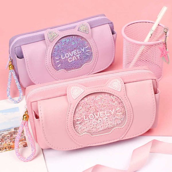 Astucci per matite Astuccio per gatti Quicksand Astuccio per matite carino Astuccio per penne a tre strati per bambini Kawaii Borsa per cancelleria Animali dei cartoni animati Borsa per penne Borsa per ragazze J230306