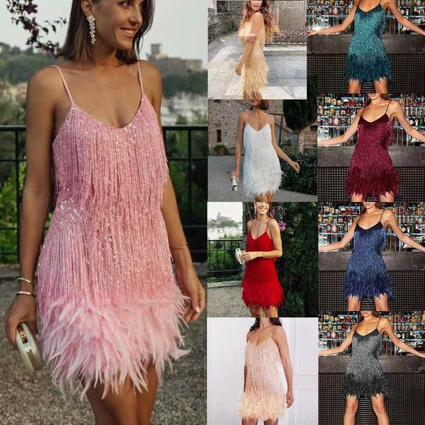 2023 Plus Size S-3XL Abiti da donna da ballo Tassel Party Dress Paillettes Feather Patchwork Halter Sxey Dress Minigonne rosa