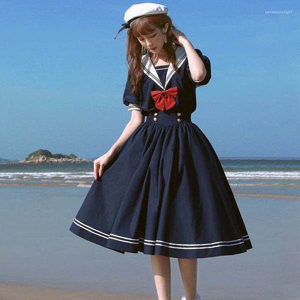 Vestidos de festa harajuku marinheiro colarinho marinho vestido azul japonês lolita sweet law menina retrô algodão kawaii faculdade de manga longa mulher de manga longa