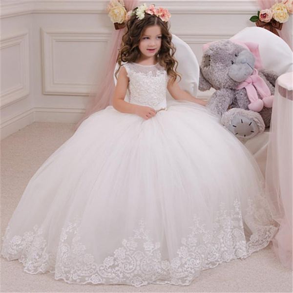 Vestidos de menina Crianças brancas Vestido de dama de honra para meninas Flora de manga longa Tulle de renda floral Um vestido de linha Appqulies Casamento