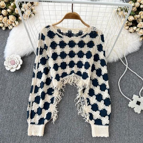 Blusas femininas chique vintage hollow crochet tassel capes blusa de manga longa impressão de moda coreana tops sexy elegante etono mulheres pulôver y2k