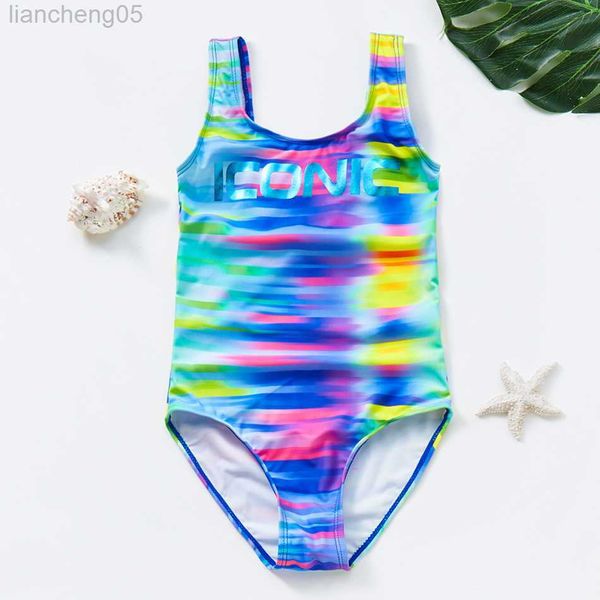 One-Pieces 2022 New Girls Swimwear Costume intero senza schienale 7-14 anni Costumi da bagno per bambini a righe Costume da bagno intero W0310