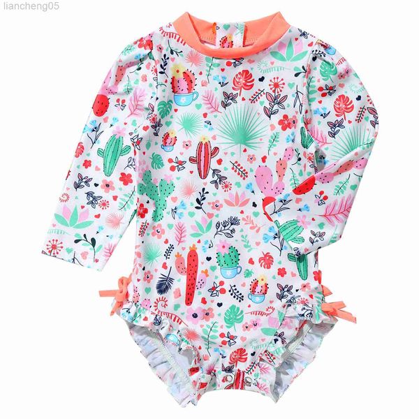 Einteilige Badebekleidung für Kleinkinder, Babys, Mädchen, lange Ärmel, Blumenmuster, mit Rüschen, Kinder-Badeanzug, Strand-Badeanzug, Rashguard W0310