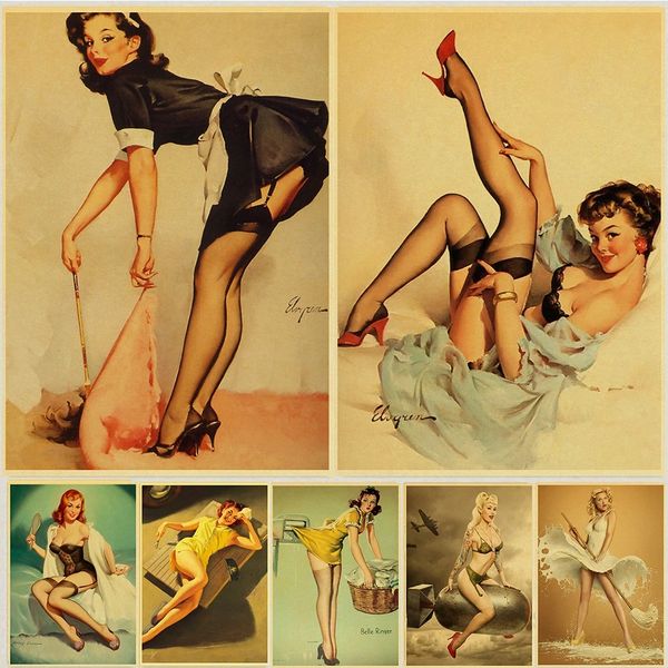 Sexy Pin-up-Girl-Kollektion, Retro-Metall-Gemälde-Poster, Kraftpapier, gedruckt, sexy Lady-Schönheitskunst, Wandaufkleber, Heimdekoration, 30 x 20 cm, W03