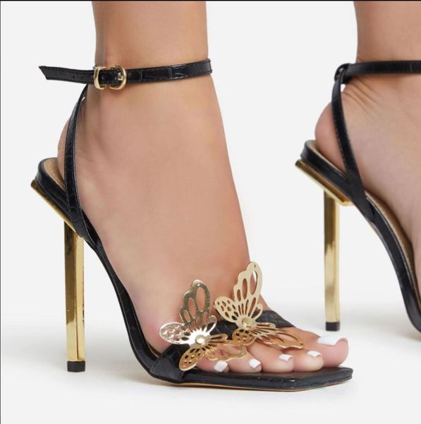 Роскошные женщины высокие каблуки фетиш кожаные сандалии сексуальные металлические бабочки летние туфли Lady Gold Stiletto Вечеринка Валентин