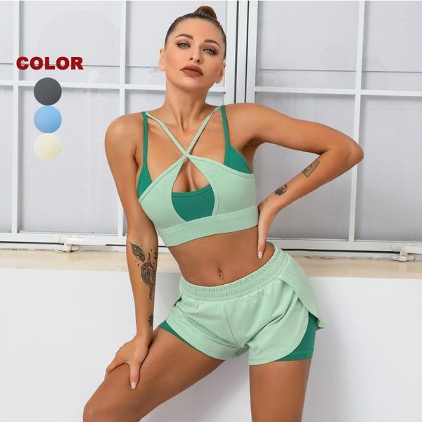 Ensembles actifs Logo personnalisé soutien-gorge de sport croisé Patchwork costume d'entraînement sans manches Yoga vêtements Fitness femmes haut de sport casual ensemble de shorts