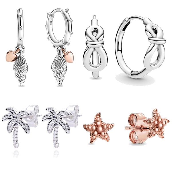 925 Silber für Pandora-Ohrringe, Kristall, modisch, Damenschmuck, Geschenk, Ohrstecker, Unendlichkeitsknoten, Rosenherz, Muschelschale, Perlen, Seestern, Kokosnussbaum