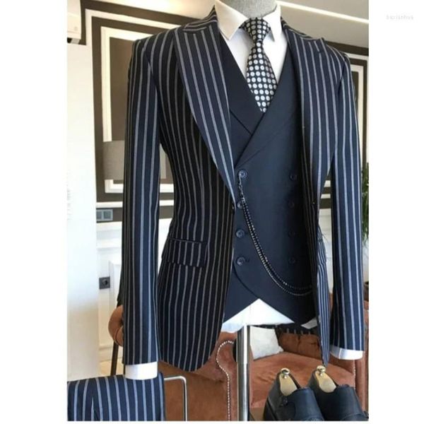 Мужские костюмы темно -синий полоски мужчины 3 штуки бизнес -индивидуально изготовленные жениха смокинг Slim Fit Свадебный выпускной пиджак наряды брюки жилет
