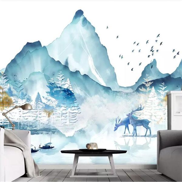 Sfondi Wellyu Abstract Inchiostro Abstract Paesaggio Elk Foresta Cinese Sfondo personalizzato Murale ambientale Murale sfondo ambientale
