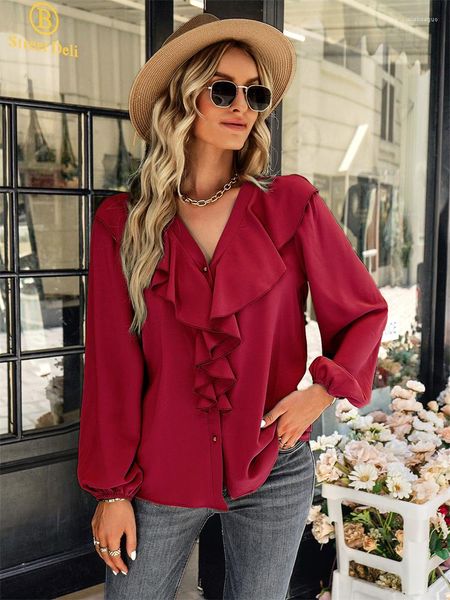 Damenblusen OMZIN Damen Frühling Lemperament Langarmshirt V-Ausschnitt Rüschen Smocked Comfort Top Einreiher Lose Chiffon