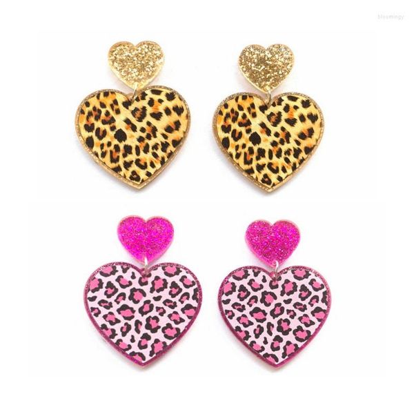 Brincos do garanhão Glitter Glitter Rosa e Gold Heart Shape com estampa de leopardo acrílico para mulheres do dia dos namorados Presente de jóias de moda