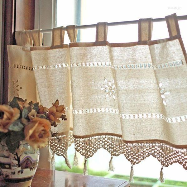 Cortina de algodão linho curto de crochê de flores oca com renda Taxel Meia janela de valance Tampa do armário