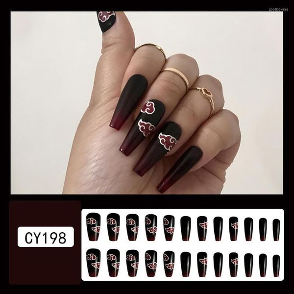 Unghie finte 3D Fake Set Press On Faux Ongles Long French Bara Tips Dark Red Fire Cloud Design Forniture per manicure fai da te Kit per unghie