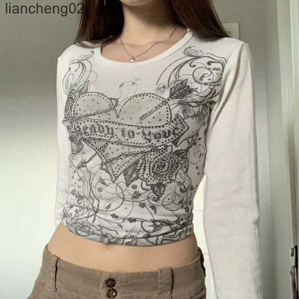 T-shirt da donna T-shirt da donna primaverile Fairy Grunge Stampa grafica Manica lunga Pullover slim fit T-shirt Top da donna Vintage Crop Top Abbigliamento W0306