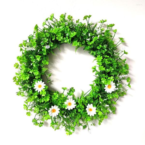 Dekorative Blumen, künstlicher Blumenkranz, weißes kleines Gänseblümchen, grüne vierblättrige Kleeblatt-Girlande für das Weihnachtsjahr, Heimdekoration, Türdekoration