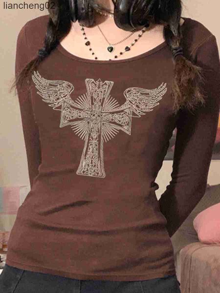 T-shirt da donna T-shirt girocollo da donna Vintage y2k Bohemian Wings T-shirt slim fit a maniche lunghe con stampa incrociata Retro Crop Top Gothic Streetwear W0306
