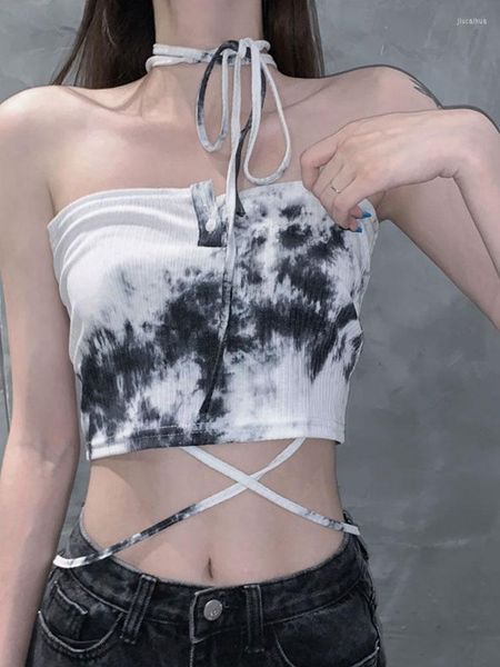 Damen Tanks Sexy Milkmaid Top Tie Dye Cami Strap Camisoles Trägerlose Mode Crop Tops Bandage Bustier Coquette Y2k Kleidung Rave