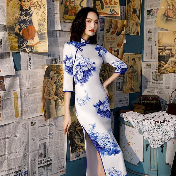 Abbigliamento etnico SHENG COCO Abito da sera classico blu bianco cheongsam da donna Mezza manica lunga Mostra costumi orientali in seta novità