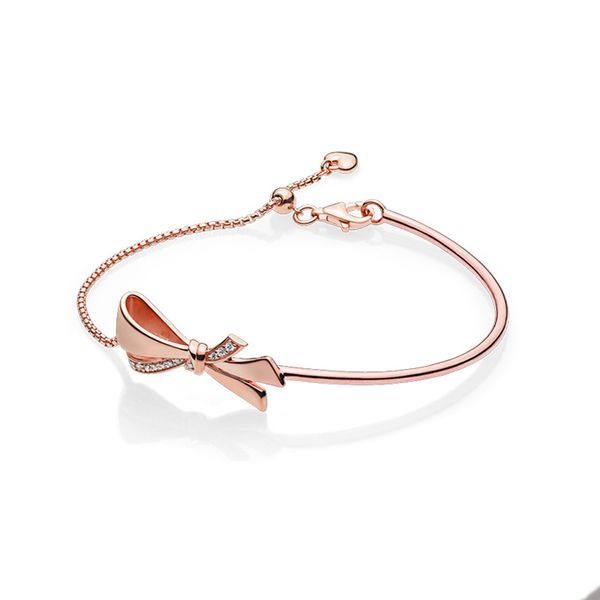 Bracciale scorrevole con fiocco scintillante in oro rosa per Pandora Gioielli da sposa a catena a mano in vero argento per le donne Regalo per fidanzata Bracciali Bowknot di design con scatola originale