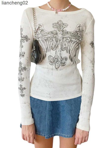 Kadın Örgüleri Tees Kadın Yuvarlak Boyun Peri Tutmumu Üstleri Gotik Vintage Y2K Çapraz Melek Kanatları Baskılı Uzun Kollu Örgü T-Shirts Üst W0306