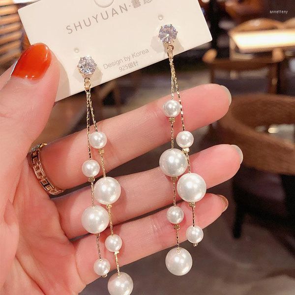 Brincos de argola 2023 Moda Vintage Arc Bar Long Thread Tassel Drop For Women Silver Color Pearl Jóias penduradas