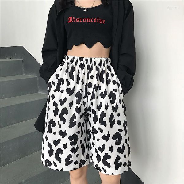 Shorts femininos Mulheres verão All Match Dairy Cow Print High Cintura curta 2023 pernas largas vintage Mulheres casuais