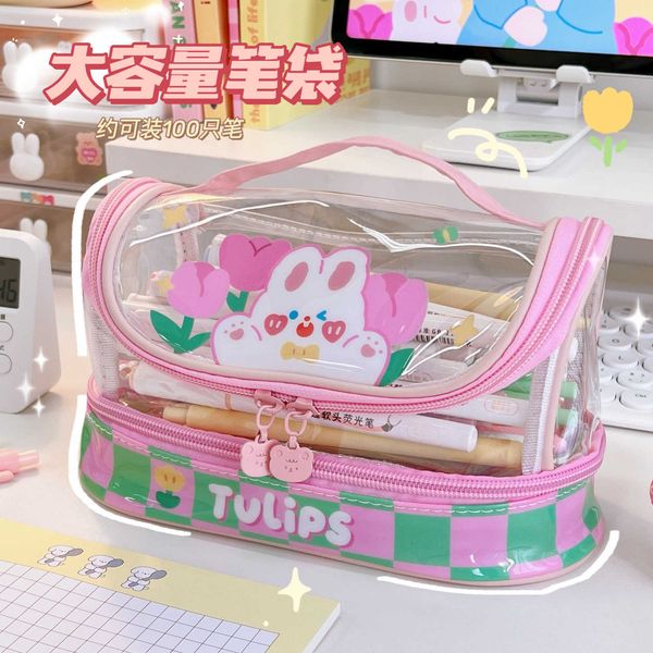 Bleistiftbeutel Neue Ankunft Kawaii Mehrstöckiges Federmäppchen mit großer Kapazität Niedliches transparentes Federmäppchen Tasche Tasche Geschenk Schule Schreibwaren J230306