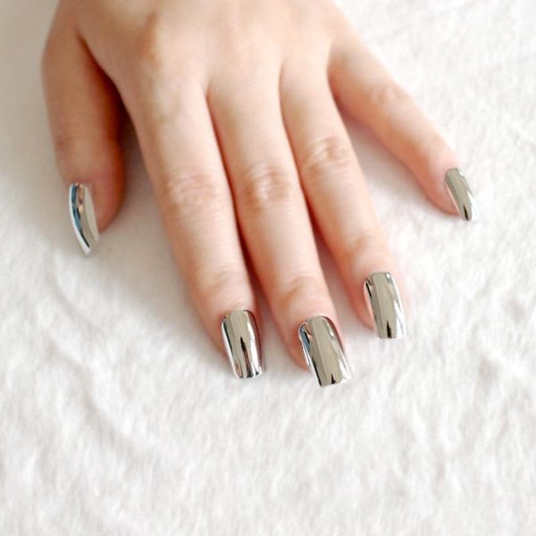 Falso unhas Moda Moda Silver Acrílico Metal Metal Metal Fake Fake Lady Full Wrap Dips Design Salon Product N02