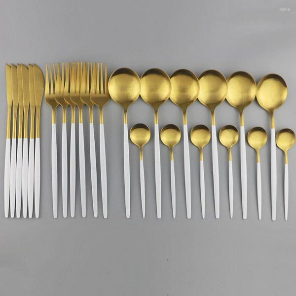 Set di stoviglie 24 pezzi Set in oro bianco 304 stoviglie in acciaio inossidabile forchetta cucchiaio coltello posate da cucina posate da cena opache