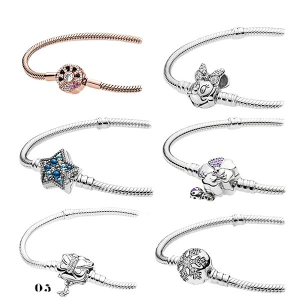 Braccialetto di alta qualità in argento sterling Pandora Charm Button Fan Stella a cinque punte Catena di osso di serpente Bracciale di base Adatto per la casa Moda Donna Bellissimo braccialetto abbagliante