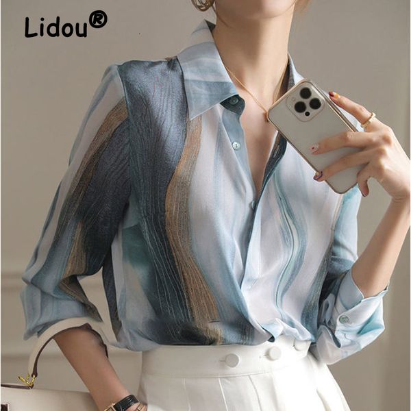 Женские блузкие рубашки весна летние полосатые цветовые панели Элегантная шифоновая рубашка корейский стиль повседневной блуз