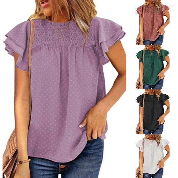 Blusies femininas 2023 Summer feminino Fashion T-shirts Tops Casual Solid Color Mangas curtas O-pescoço O-pescoço chiffon