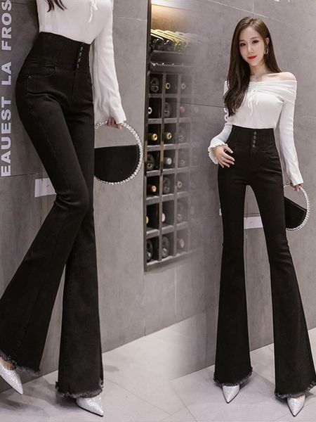 Frauen Jeans Mode Herbst Hohe Taille Abnehmen Enge breasted Raw Rand Stretch Ausgestelltes Hosen Koreanische Frauen Kleidung 230306