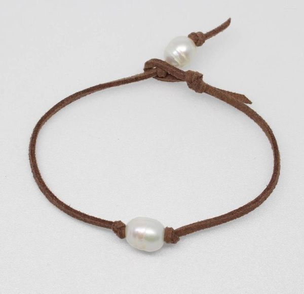 Strand Beauty 10mmx12mm Crescimento de lágrima de lágrima Real Pearl Madeiras Handmades Breads Brown Leather Bracelet 8 Pinches No Metal