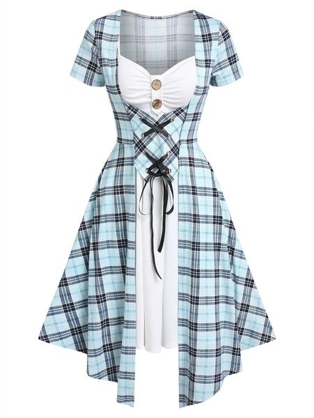 Abiti casual Plaid Abiti 2 in 1 Nuovo 2022 Abito a maniche corte Stampa scozzese Faux Twinset Lace Up Vestido Feminino Vacation Party Streetwear Z0216