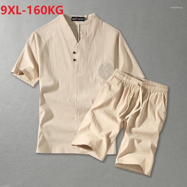 Erkek Tişörtler Erkekler Tişört Kısa Kol ve Şortlar Keten Pamuklu Çin Tarzı Büyük Boyut 7xl 8xl 9xl Çiçek Nakış Tang Takım Tees