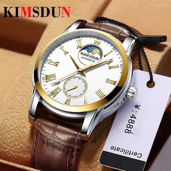 Нарученные часы Kimsdun Luxury Business Men Automatic Mechanical Watch Moon Fase Водонепроницаемые спортивные