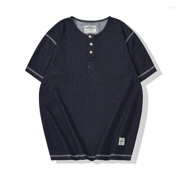 T-shirt da uomo Denim PREOT T-shirt blu con colletto alla sera in maglia manica corta elasticizzata con impunture ORQ