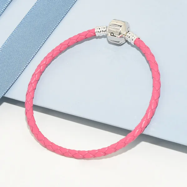 Rosa Echtleder-Charm-Armband für Pandora, 925er-Sterlingsilber, Verschluss, Handkette, Designer-Schmuck für Frauen, Freundin, Geschenk, Paar-Armbänder mit Originalverpackung