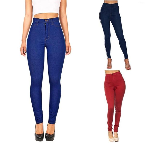 Damenjeans, modisch, klassische Farbe, hoch, dünn, lang, für Damen, feste Denim-Taillenhose