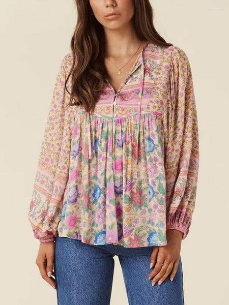 Camicette da donna Happie Queens Donna Vintage Rosa Stampa floreale Nappa Sciolto Boho Lady Cravatta al collo Manica lunga Beach Bohemian Camicie Blusas