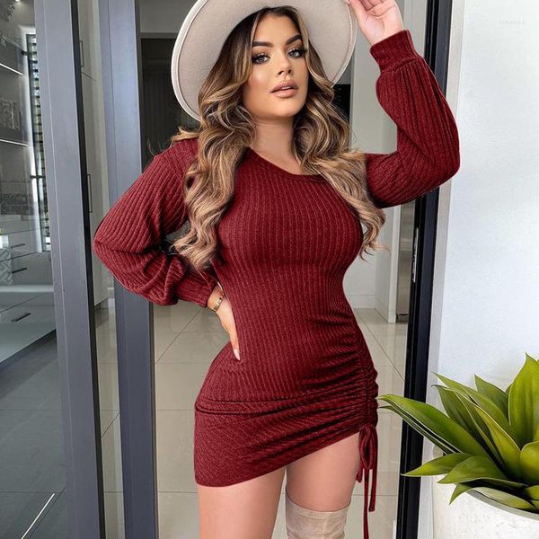 Casual Kleider Solide Wolle Strick Kordelzug Geraffte Rippen, Figurbetontes Kleid Für Frauen Langarm Skew Neck Slim Nacht Party Club Mini Vestidos